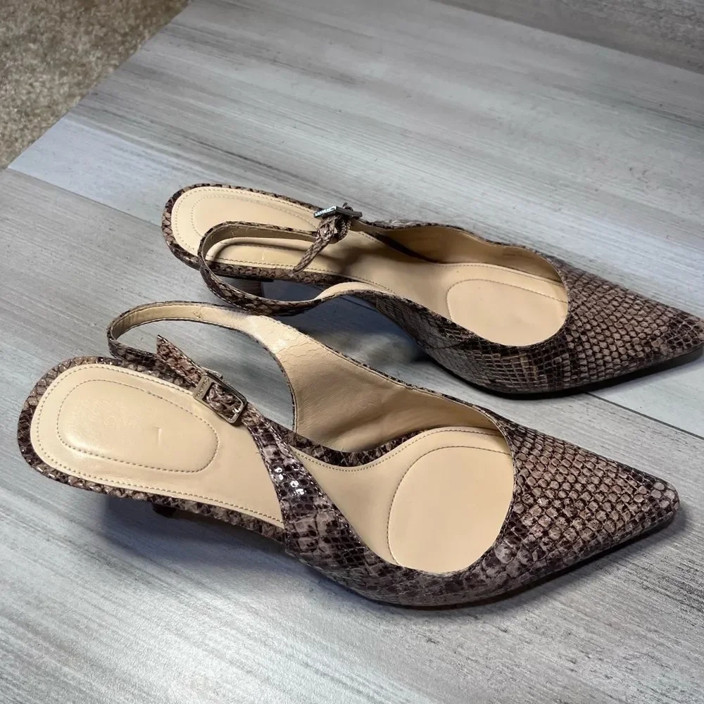 Women's Pointed Toe Slingback Heels in Taupe Snake Print